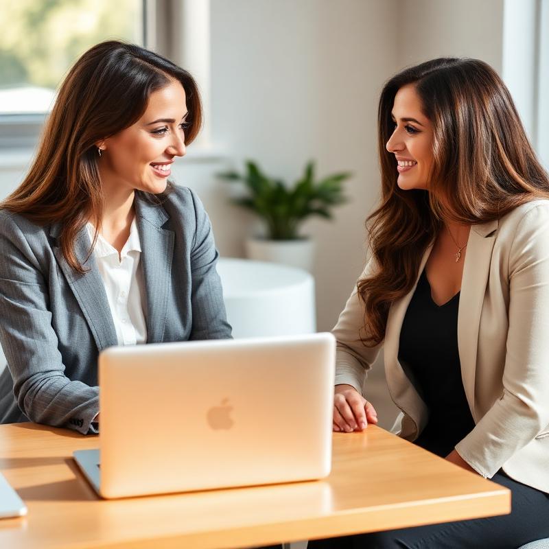Mentor guiding a mentee at a laptop
