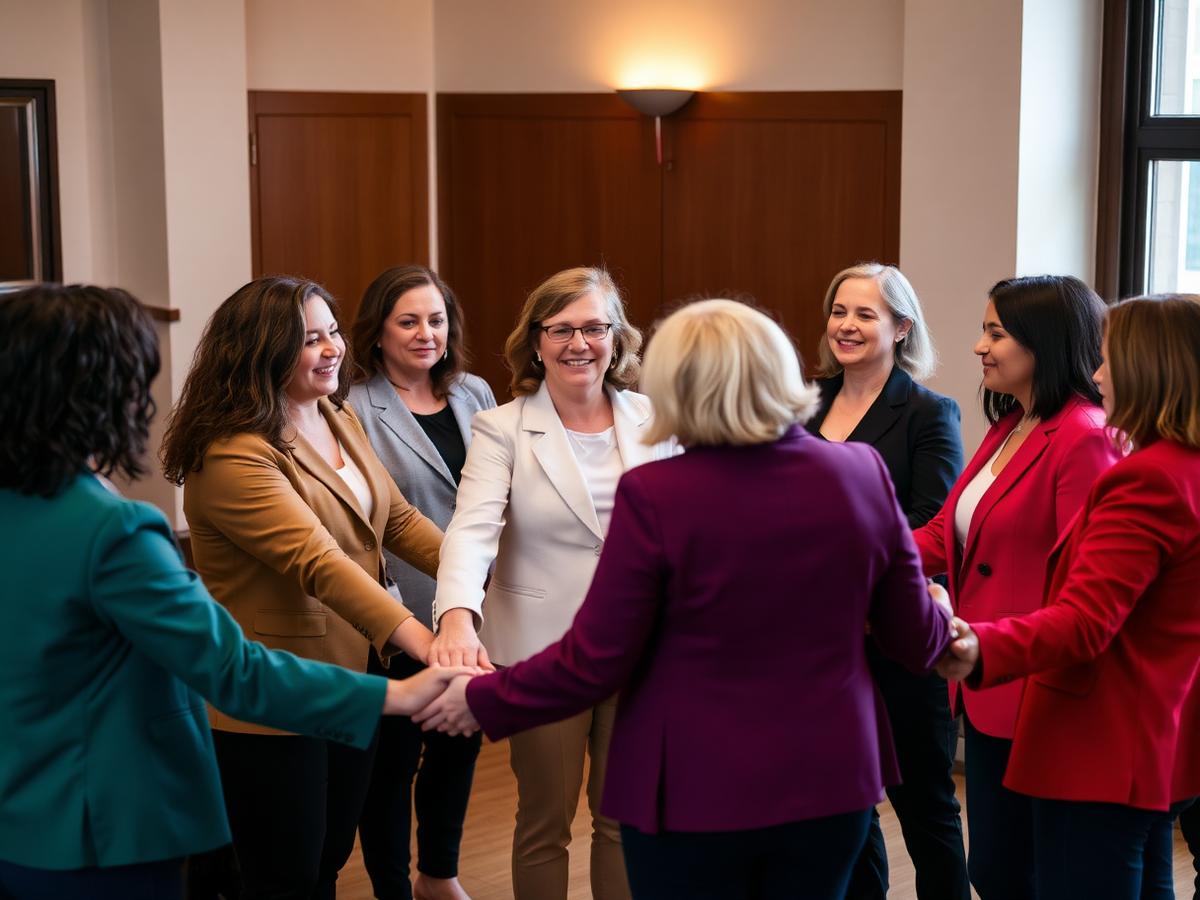 Alumnae joining hands in a circle of solidarity
