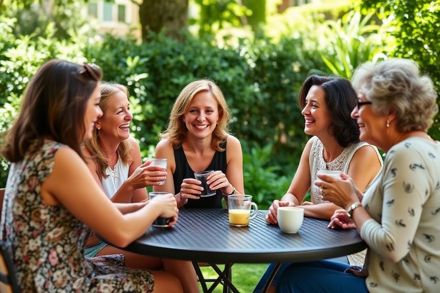 Batchmates catching up over coffee in a garden