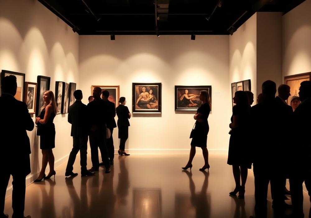 Silhouettes viewing paintings at an art exhibition