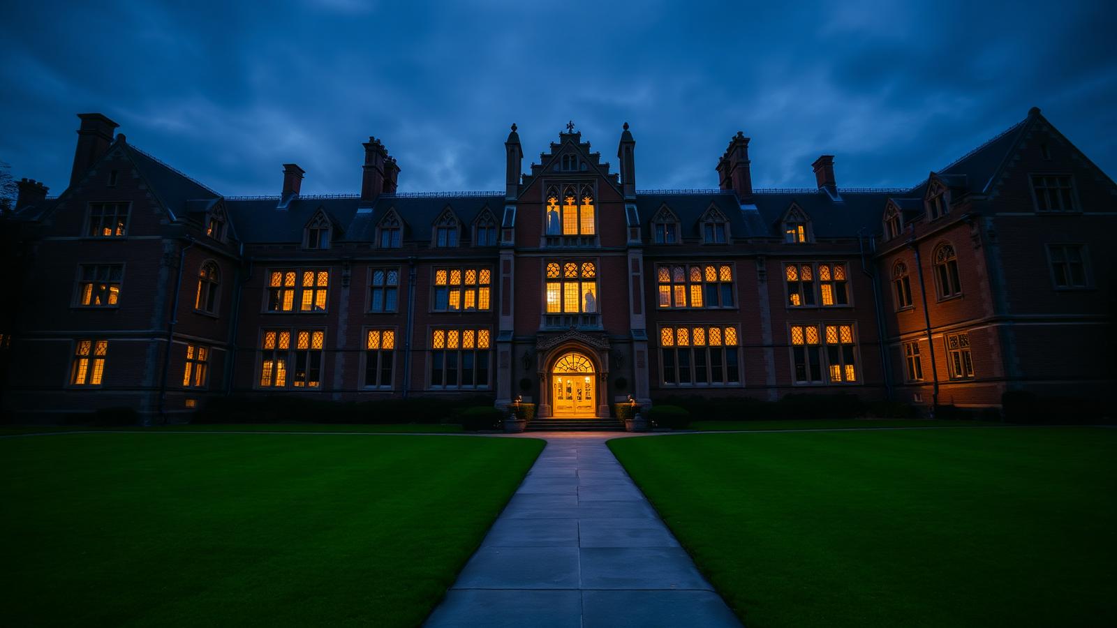 Historic Scholastican campus building at dusk