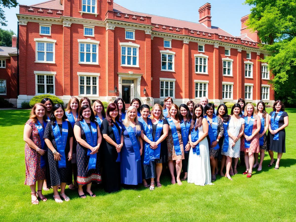 Group of alumnae with blue sashes on campus lawn