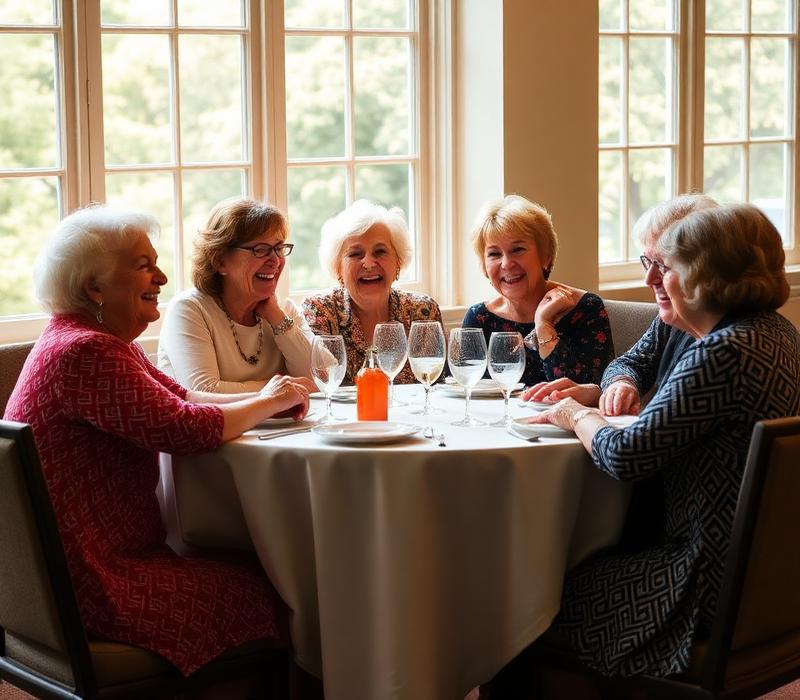 Alumnae laughing over a reunion lunch