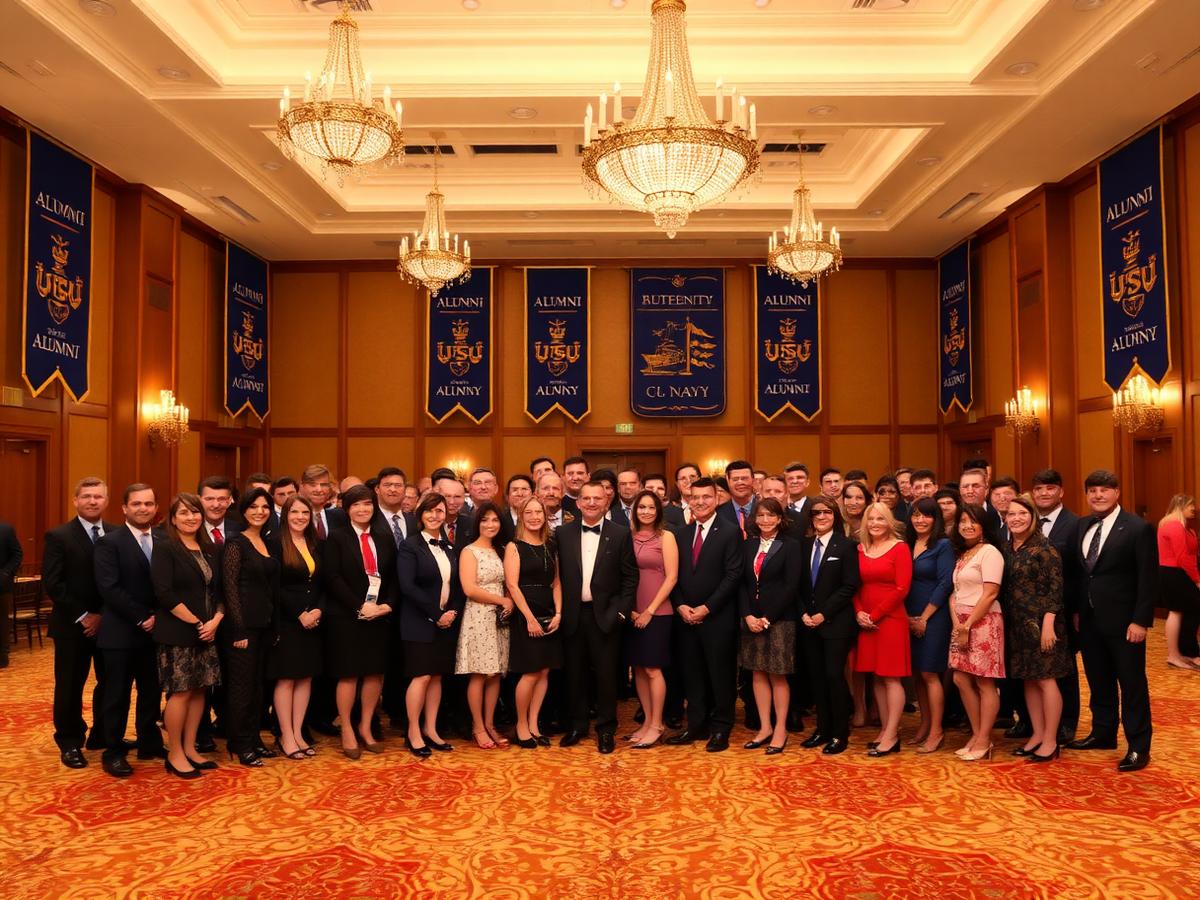 Alumnae grand reunion in a ballroom with navy banners