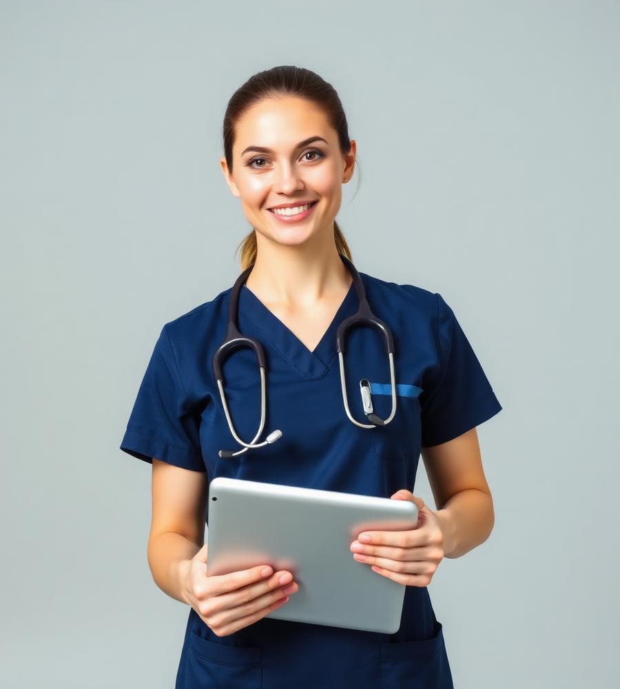 Nurse in navy scrubs holding a tablet