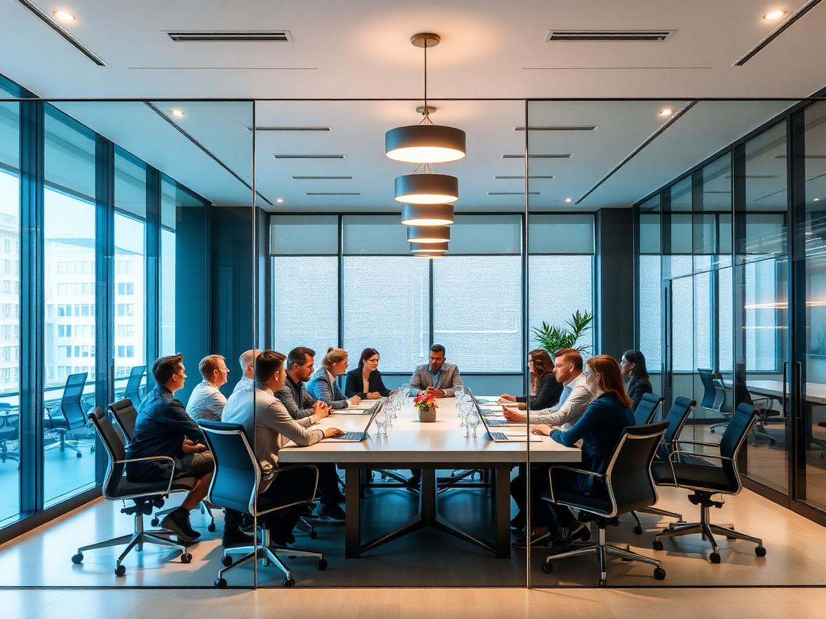 Corporate partners meeting in a modern glass conference room