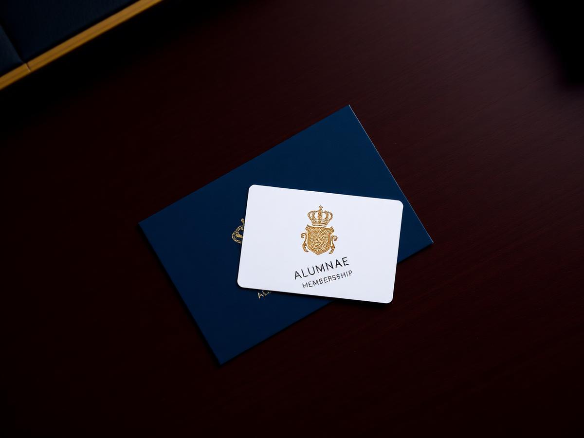 SSAMAA alumnae membership ID card on wooden desk